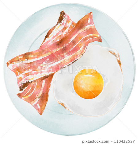 早餐盤 Tamedamayaki 和培根放在盤子裡 早餐盤 Tamedamayaki 和培根放在盤子裡 110422557