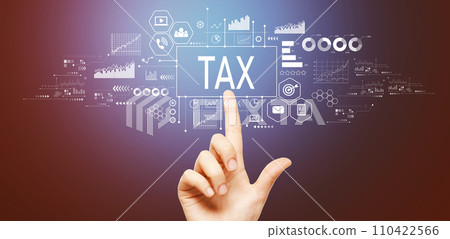 Tax theme with hand pressing a button Tax theme with hand pressing a button 110422566