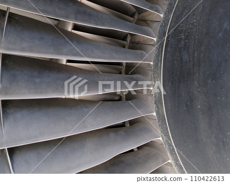 Close up of turbine and blades of a jet engine Close up of turbine and blades of a jet engine 110422613
