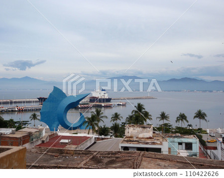 Manzanillo Harbor, Townscape, and Large blue Sail Fish Sculpture 110422626