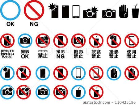 Pictogram mark set for prohibited precautions such as facilities Pictogram mark set for prohibited precautions such as facilities 110423186