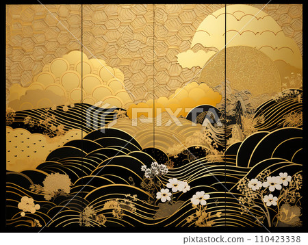 Ukiyo-e style gold folding screen illustration Ukiyo-e style gold folding screen illustration 110423338