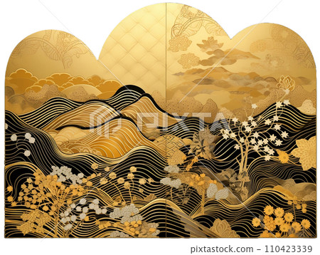 Ukiyo-e style gold folding screen illustration Ukiyo-e style gold folding screen illustration 110423339