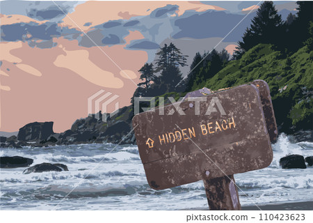 Vector Sea landscape and weathered wooden way sign of a rocky Oregon, Northern California coast pine covered beach at sunset. Waves crashing on rocks, cliffside. Art deco poster, postcard style Vector Sea landscape and weathered wooden way sign of a rocky Oregon, Northern California coast pine covered beach at sunset. Waves crashing on rocks, cliffside. Art deco poster, postcard style 110423623