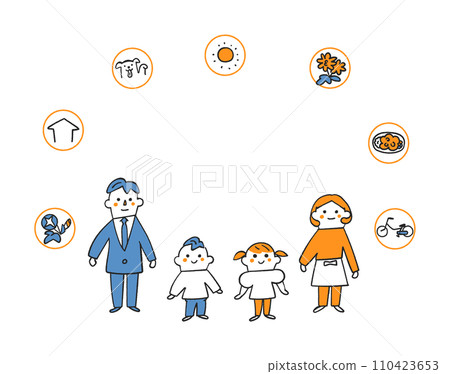 我想介紹一下我的家人。我有父母和兄弟姐妹。我們是好朋友。設定插圖素材 110423653