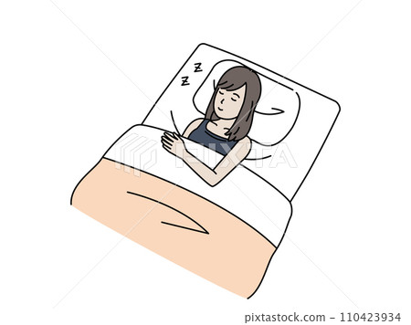 Illustration of a young woman going to bed and sleeping on a futon Illustration of a young woman going to bed and sleeping on a futon 110423934