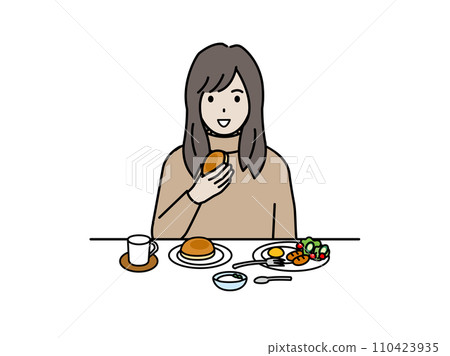 Illustration of a young woman eating breakfast Illustration of a young woman eating breakfast 110423935