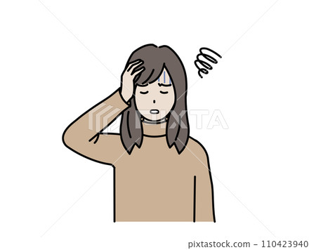 頭痛與貧血的症狀：一名年輕女子抱頭的插圖 110423940