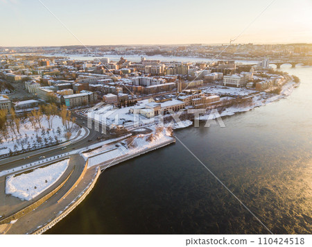 Aerial view of Irkutsk cityscape with Angara river. Irkutsk is one of the largest cities in Siberia, Russia.  110424518