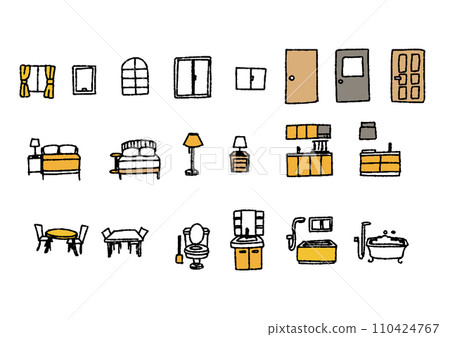 家庭設備和室內裝飾(如門窗)的手寫插圖集 家庭設備和室內裝飾(如門窗)的手寫插圖集 110424767