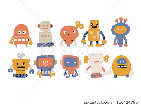 Hand-drawn illustration set of robots of various shapes 110424769