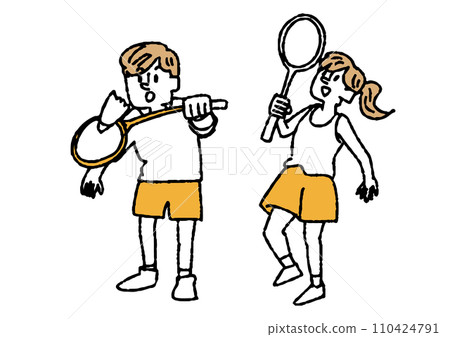 一個男人和一個女人打羽毛球的手繪插圖 110424791