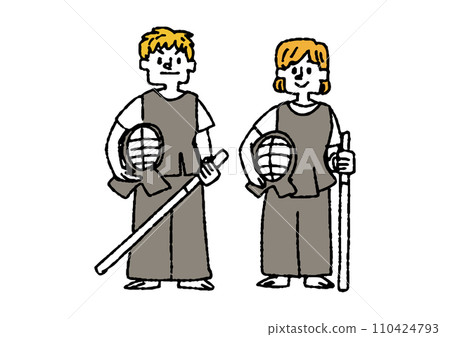 Hand-drawn illustration of men and women playing Kendo competition 110424793