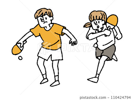 手繪插畫的一個男人和一個女人打乒乓球 手繪插畫的一個男人和一個女人打乒乓球 110424794