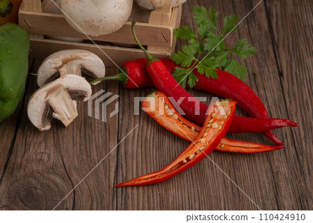 Vegetables on wooden box Vegetables on wooden box 110424910