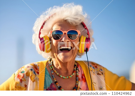 Grandma listening to music with headphones 3 AI generated image 110424962