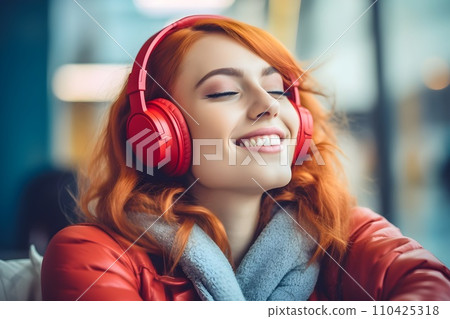Woman listening to music with headphones 5 AI generated image 110425318