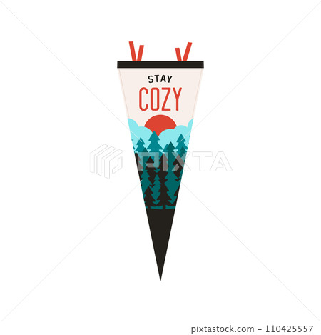 Adventure pennant. Camping Pennant flag design. Vintage outdoor sublimation with cozy forest landscape. Stock vector graphics Adventure pennant. Camping Pennant flag design. Vintage outdoor sublimation with cozy forest landscape. Stock vector graphics 110425557