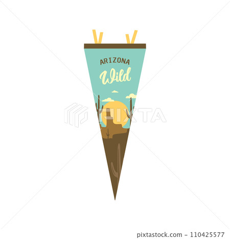 Adventure pennant. Camping Pennant flag design. Vintage outdoor sublimation with Arizona desert landscape. Stock vector graphics Adventure pennant. Camping Pennant flag design. Vintage outdoor sublimation with Arizona desert landscape. Stock vector graphics 110425577