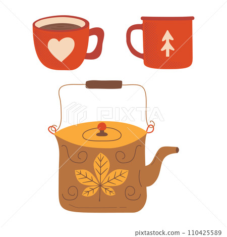 Autumn hand drawn clipart collection. Autumn kitchen utensils elements - retro teapot and coffee cup, mug . Cozy icons. Stock vector designs Autumn hand drawn clipart collection. Autumn kitchen utensils elements - retro teapot and coffee cup, mug . Cozy icons. Stock vector designs 110425589