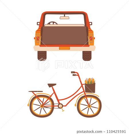 Autumn hand drawn clipart collection. Autumn transportation elements - camper car and bicycle with corns. Cozy icons. Stock vector designs Autumn hand drawn clipart collection. Autumn transportation elements - camper car and bicycle with corns. Cozy icons. Stock vector designs 110425591