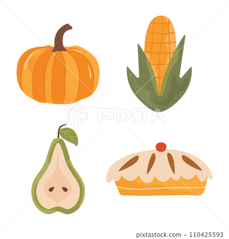 Autumn hand drawn clipart collection. Fall season cozy symbols bundle. Autumn seasonal elements - pumpking, corn, pie and pear. Harvest colorful set. Thanksgiving icons. Stock vector designs Autumn hand drawn clipart collection. Fall season cozy symbols bundle. Autumn seasonal elements - pumpking, corn, pie and pear. Harvest colorful set. Thanksgiving icons. Stock vector designs 110425593