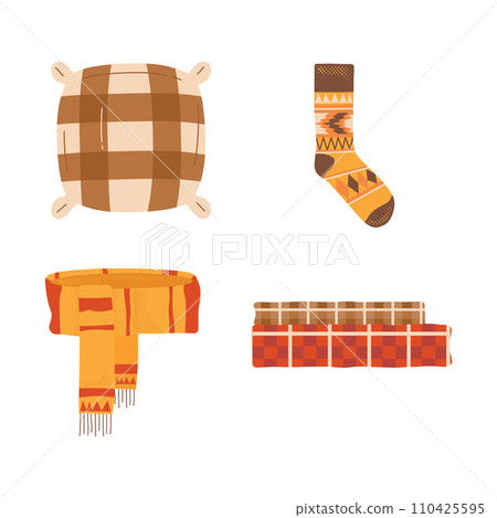 Autumn hand drawn clipart collection. Autumn clothing elements - plaid, scarf, pillow and sock . Cozy icons. Stock vector designs Autumn hand drawn clipart collection. Autumn clothing elements - plaid, scarf, pillow and sock . Cozy icons. Stock vector designs 110425595