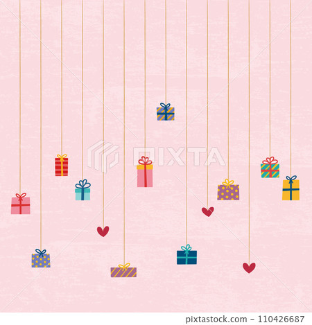 方形背景材料：懸掛、手繪禮物和排列的心的向量插圖 110426687