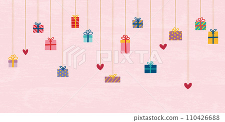 水平背景材料：懸掛手繪禮物和排列的心的向量插圖 110426688