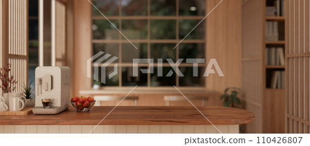 Copy space on a hardwood kitchen island with an espresso machine in a Scandinavian dining room. 110426807