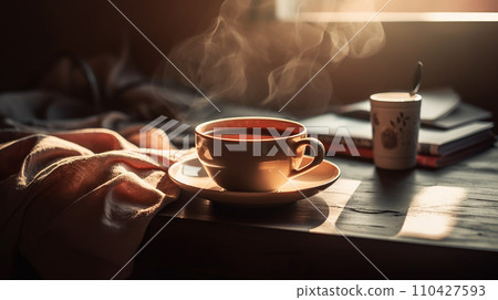 Warm coffee/coffee cup placed on the table by the window in the evening 110427593