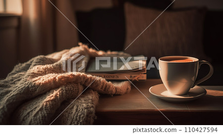 Warm coffee/coffee cup placed on the table by the window in the evening 110427594