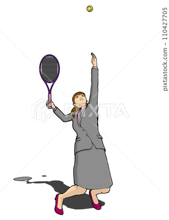 Illustration of a business woman serving tennis in a suit and pumps Illustration of a business woman serving tennis in a suit and pumps 110427705
