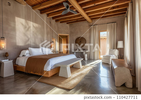 AI-generated content. Spacious bedroom with large windows and modern industrial interior design 110427711