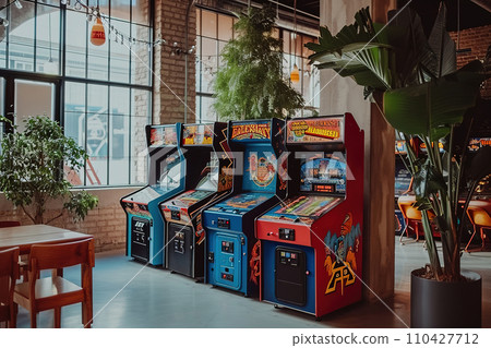 AI-generated content. Classic arcade machines in nostalgic game room, retro 90s trend 110427712