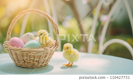 AI-generated content. Easter background with two cute chicks standing near basket of colorful Easter eggs, copy space 110427731