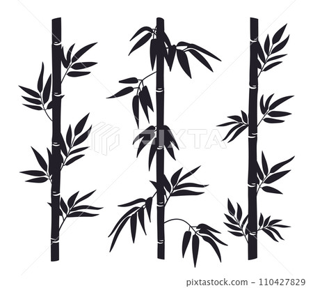 Bamboo stems silhouettes. Jungle bamboo forest stems with leaves, black ink decorative bamboo flat vector illustration set. Bamboo trees silhouettes Bamboo stems silhouettes. Jungle bamboo forest stems with leaves, black ink decorative bamboo flat vector illustration set. Bamboo trees silhouettes 110427829