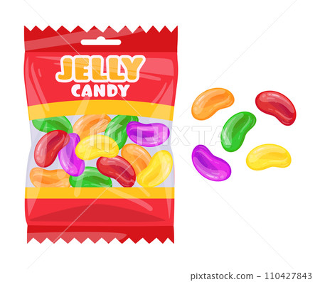 Jelly bean package. Fruity gummies, chewy jelly candy sweets with fruit flavor flat vector illustration. Gummy chewy jelly candies bag 110427843