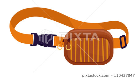 Vintage waist bag. Cartoon pouch bag, brown old school nylon belt bag with zipper pocket flat vector illustration. Waist bag on white background 110427847