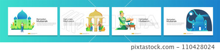 happy ramadan mubarak and islamic eid fitr or adha flat design bundle set greeting concept with people character for web landing page template, banner, presentation, social, and print media 110428024