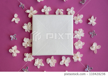 Composition frame made of beautiful spring lilac flowers. Mockup card invitation greeting card postcard copy space template blank. Branches of lilac blooming bouquet 110428236