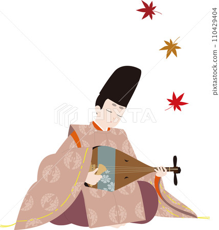 Japanese classical costume. Autumn leaves and a man playing the biwa in Karimono. Illustration of peace image 110429404