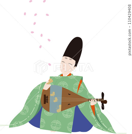 日本古典服飾。一名身著袈裟的男子在飄落的櫻花花瓣中彈奏琵琶。和平影像插圖 日本古典服飾。一名身著袈裟的男子在飄落的櫻花花瓣中彈奏琵琶。和平影像插圖 110429408