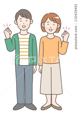 一個男人和一個女人擺出勇敢姿勢的全身插圖 110429492
