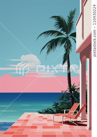 Postcard style illustration of a seaside hotel with palm trees AI image 110430224