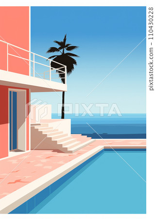帶有棕櫚樹 AI 圖像的海濱酒店的明信片風格插圖 110430228