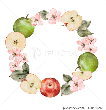 Watercolor blooming apple tree branches, green and red ripe Apples wreath. Hand drawn apple slices illustration for juice pack, card, invitation, tags Watercolor blooming apple tree branches, green and red ripe Apples wreath. Hand drawn apple slices illustration for juice pack, card, invitation, tags 110430265