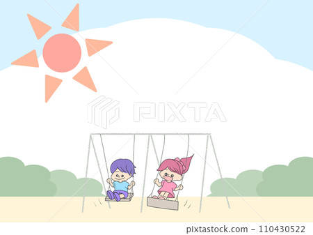 Illustration of a boy and a girl playing on a swing [A4/horizontal] 110430522