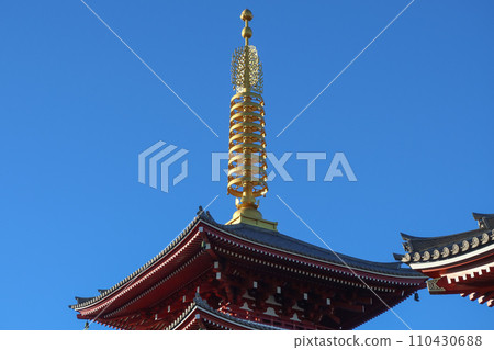 Sorin the vertical shaft on top of five-story pagoda at Sensoji Temple in Tokyo, Japan. January 4, 2024 110430688