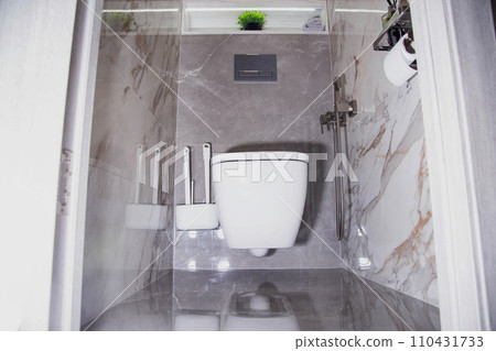 View of the interior of a modern bathroom renovation with a hanging toilet bowl, a hygienic shower and porcelain stoneware tiles on the walls. Niche with diode tape View of the interior of a modern bathroom renovation with a hanging toilet bowl, a hygienic shower and porcelain stoneware tiles on the walls. Niche with diode tape 110431733